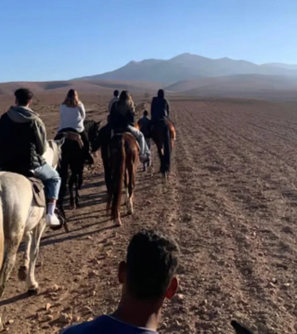 A group enjoying horse riding in the Atlas Mountains near Marrakech, exploring scenic desert trails with mountains in the background.